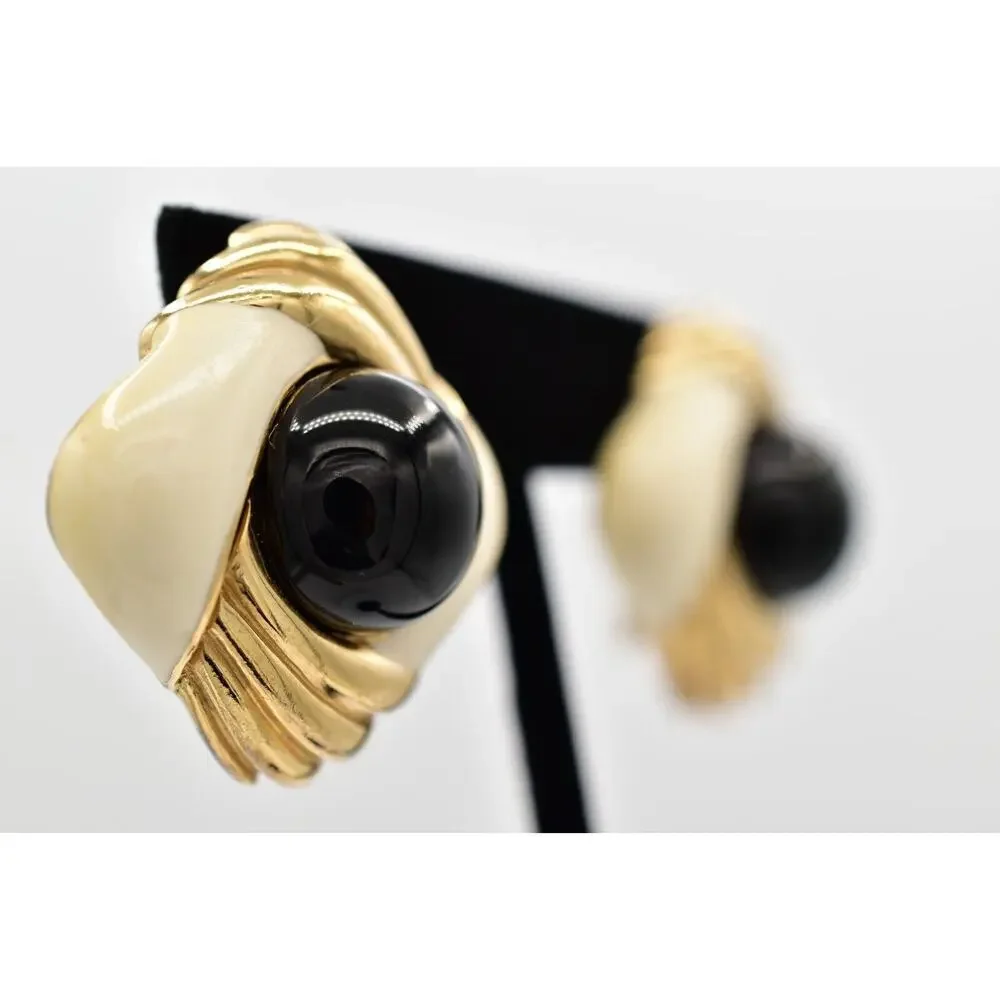 Ciner Vintage Cabochon Clip On Earrings Black Gold Heavy Chunky Signed 70s BinBB